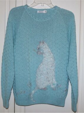 Women's Turquoise Sweater with Angora Cat Design by Neuma  - Size Medium